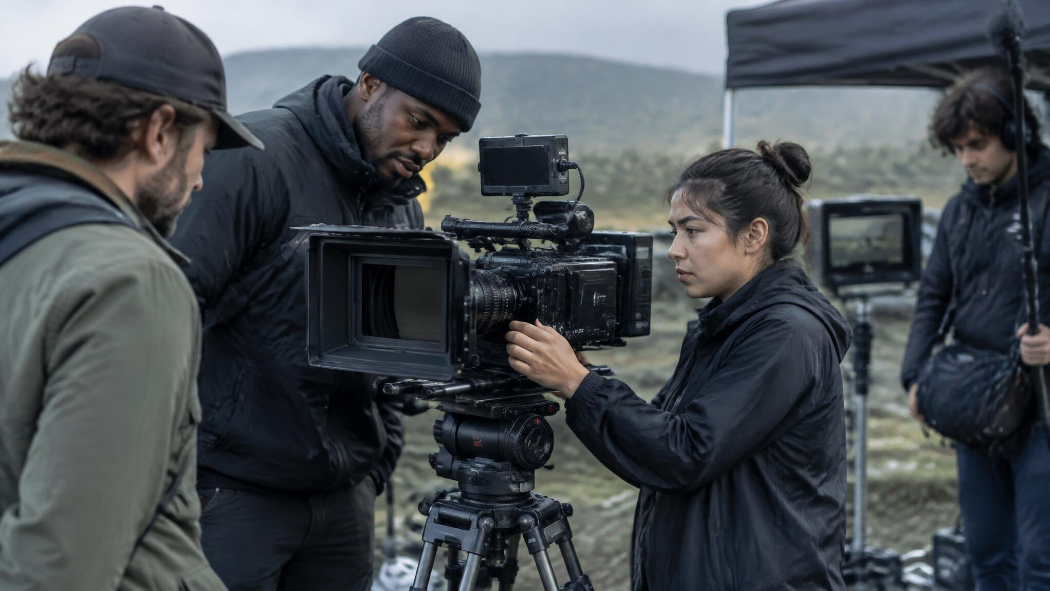 Equipa de filmagem a preparar câmara num set de produção