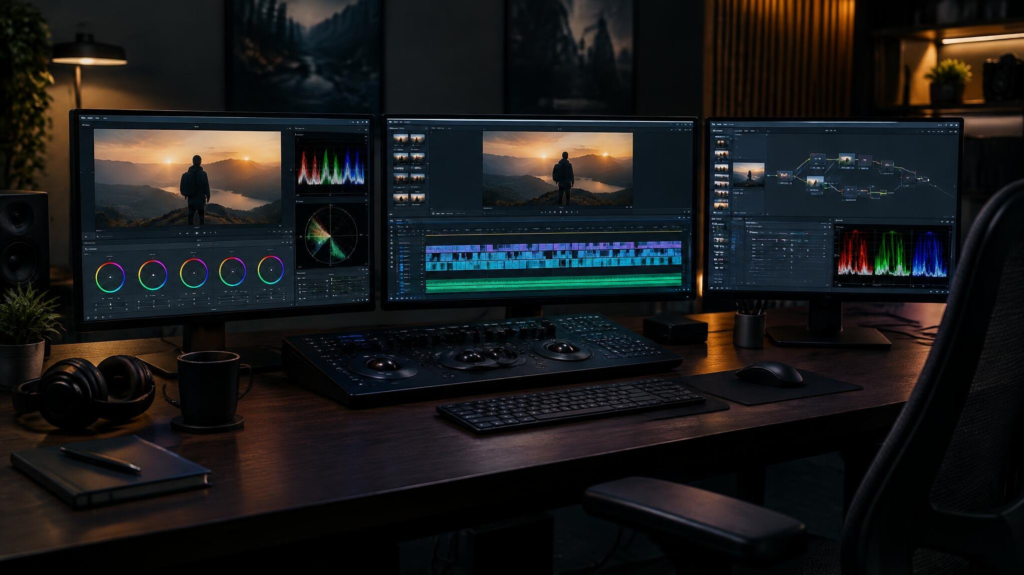 Editor de vídeo a trabalhar numa mesa de montagem com múltiplos monitores